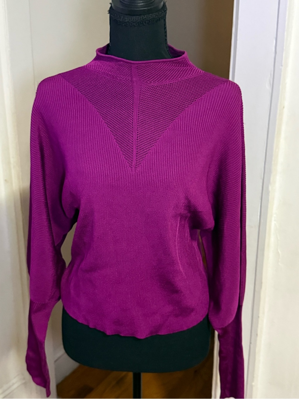 Bar III Fuchsia Mock Neck Sweater with Mesh V-Detail
